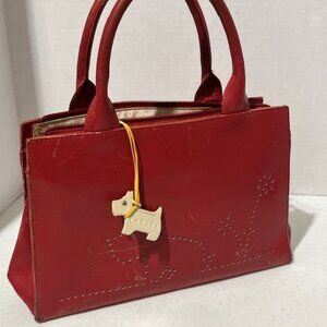 VTG Radley Red Leather Multicompartment Handbag Scottie Dog Logo Floral